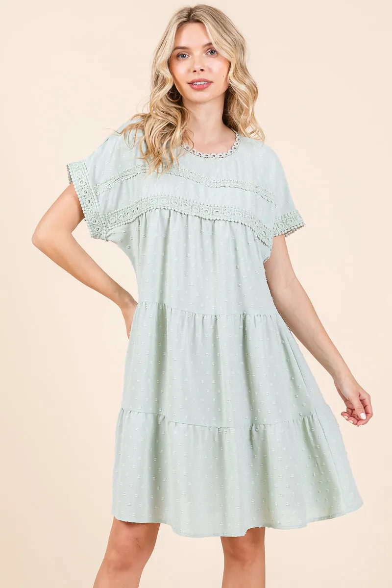 Lace Front Swiss Dot Ruffle Tiered Swing Dress