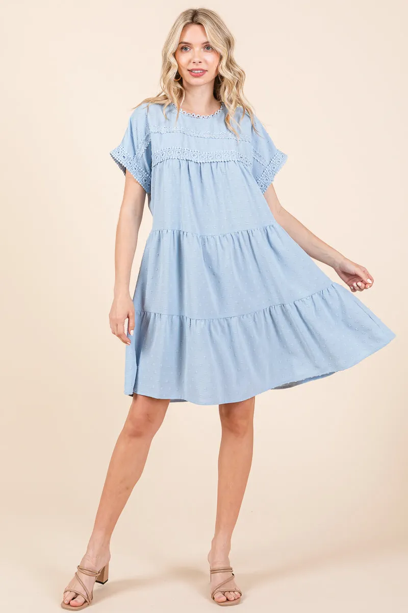 Lace Front Swiss Dot Ruffle Tiered Swing Dress