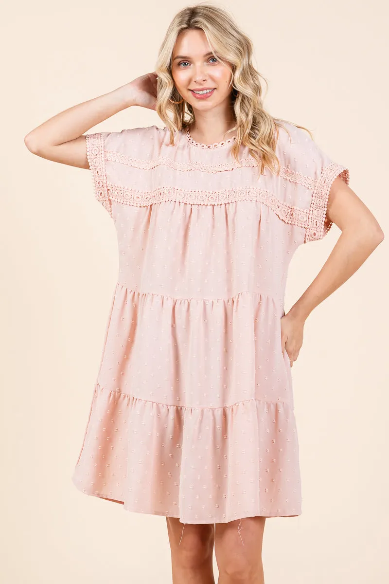 Lace Front Swiss Dot Ruffle Tiered Swing Dress