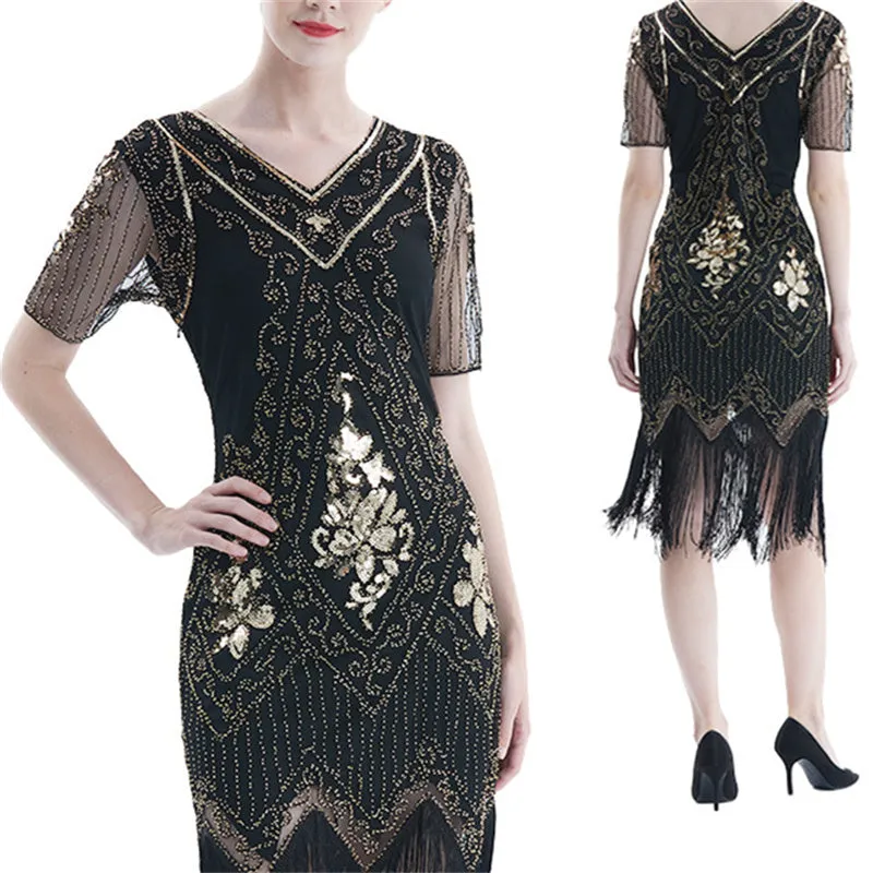 Lady's vintage 1920s sequins costume midi dress | Premium luxury retro tassels party dress