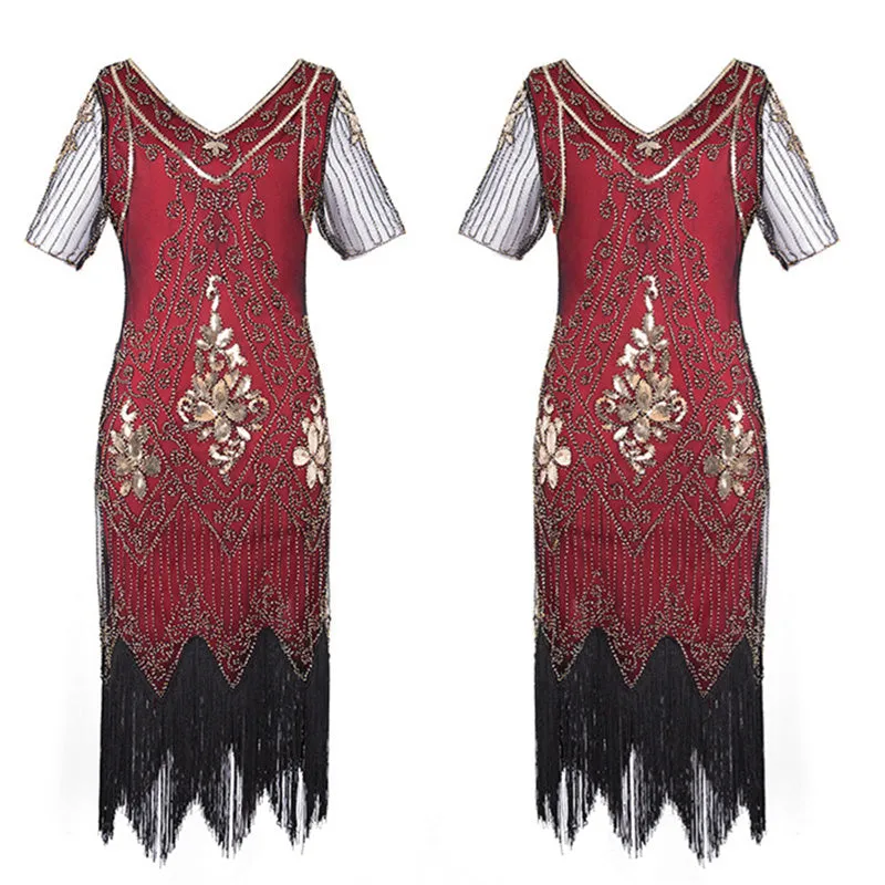 Lady's vintage 1920s sequins costume midi dress | Premium luxury retro tassels party dress