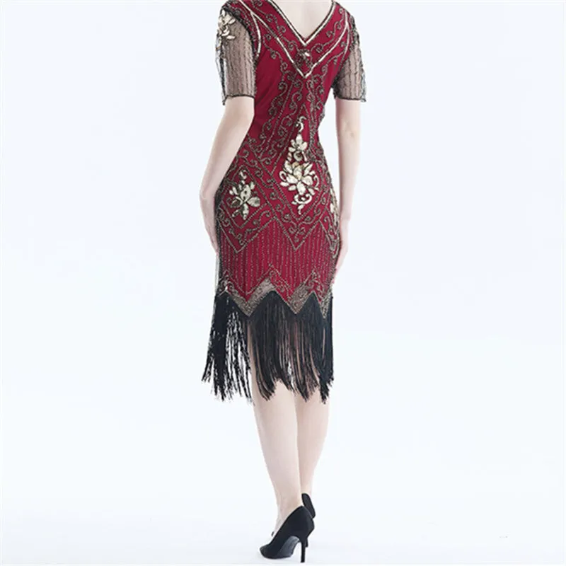 Lady's vintage 1920s sequins costume midi dress | Premium luxury retro tassels party dress