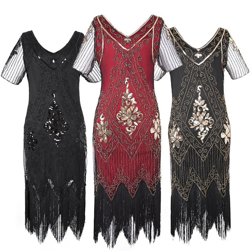 Lady's vintage 1920s sequins costume midi dress | Premium luxury retro tassels party dress