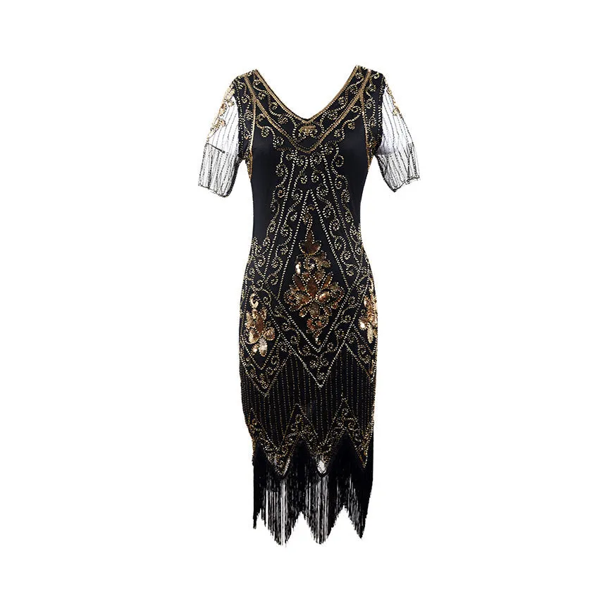 Lady's vintage 1920s sequins costume midi dress | Premium luxury retro tassels party dress