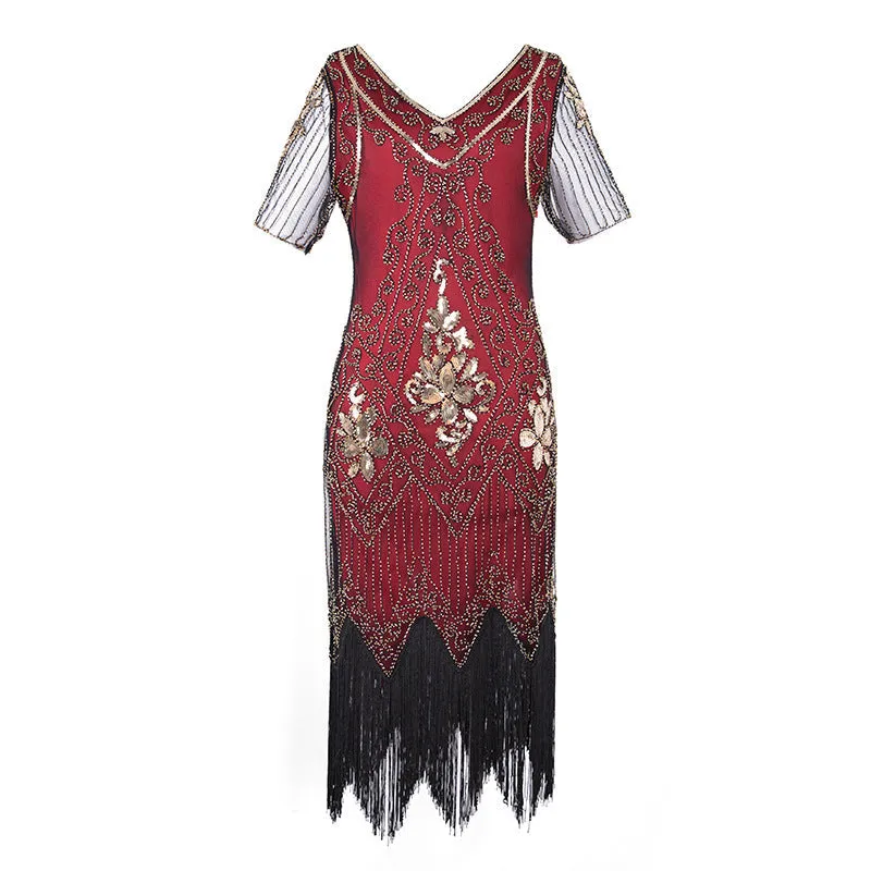 Lady's vintage 1920s sequins costume midi dress | Premium luxury retro tassels party dress