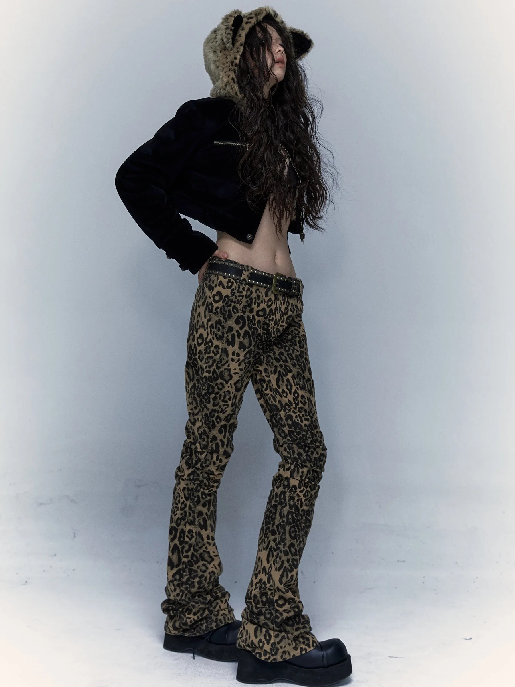 Leopard Print Slimming Flared Trousers