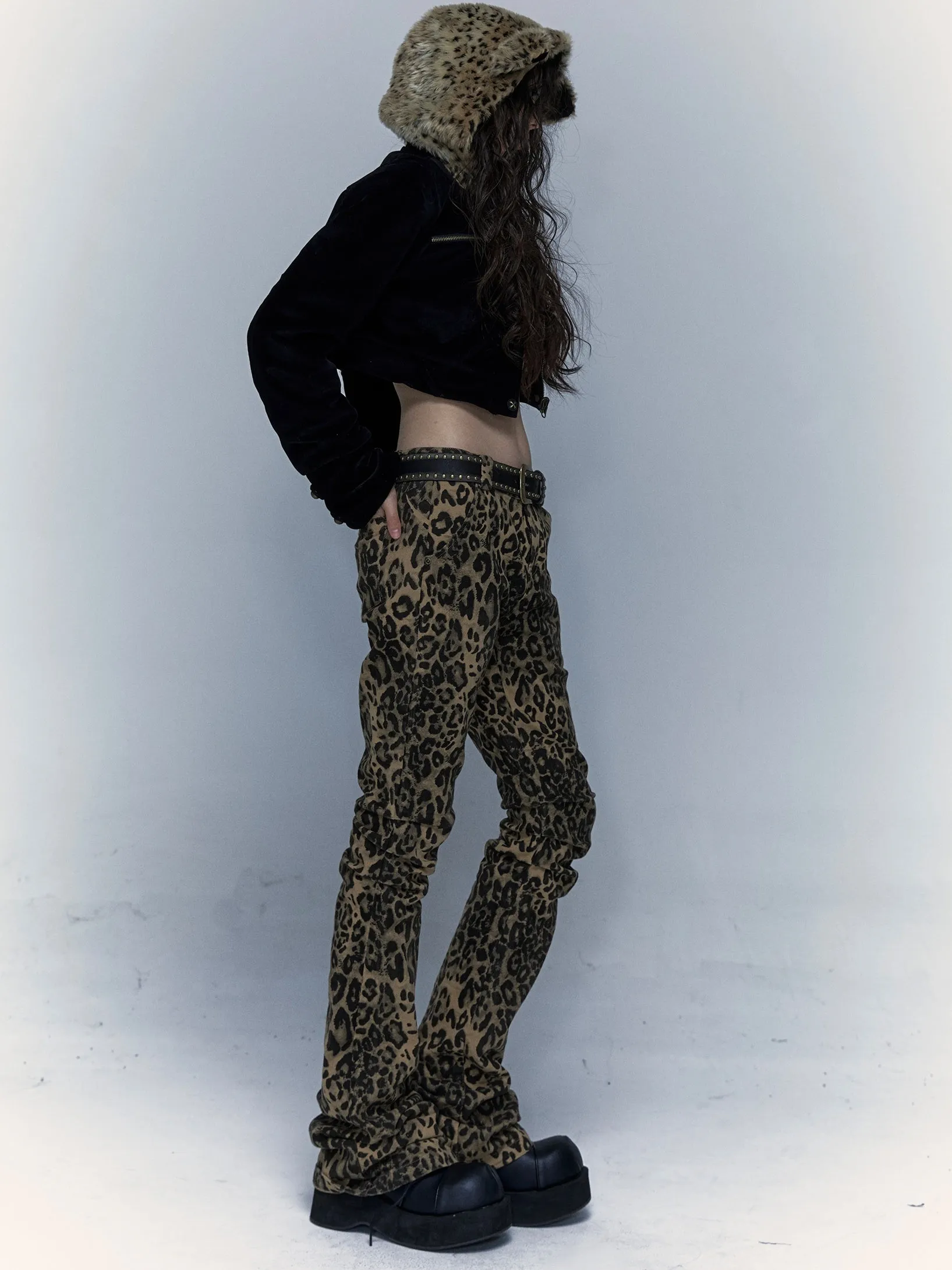 Leopard Print Slimming Flared Trousers