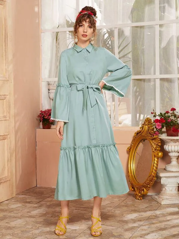 Lettuce Trim Shirt Dress With Belt