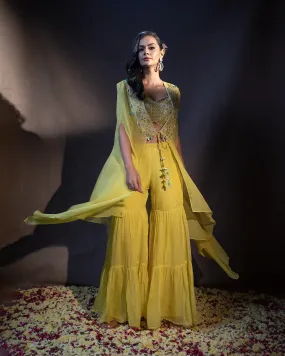 Lime Yellow Embroidered Festive Fusion Set