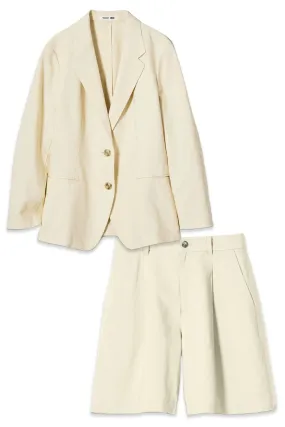 Linen Blend Blazer Jacket & Linen Blend Pleated Shorts Beige