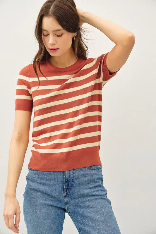 Lining Things Up Rust Striped Short Sleeve Sweater Top