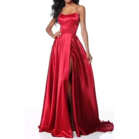 Long Red Satin Dress with Slip Side Split, Prom Wedding, Party, Evening Dress 12 UK