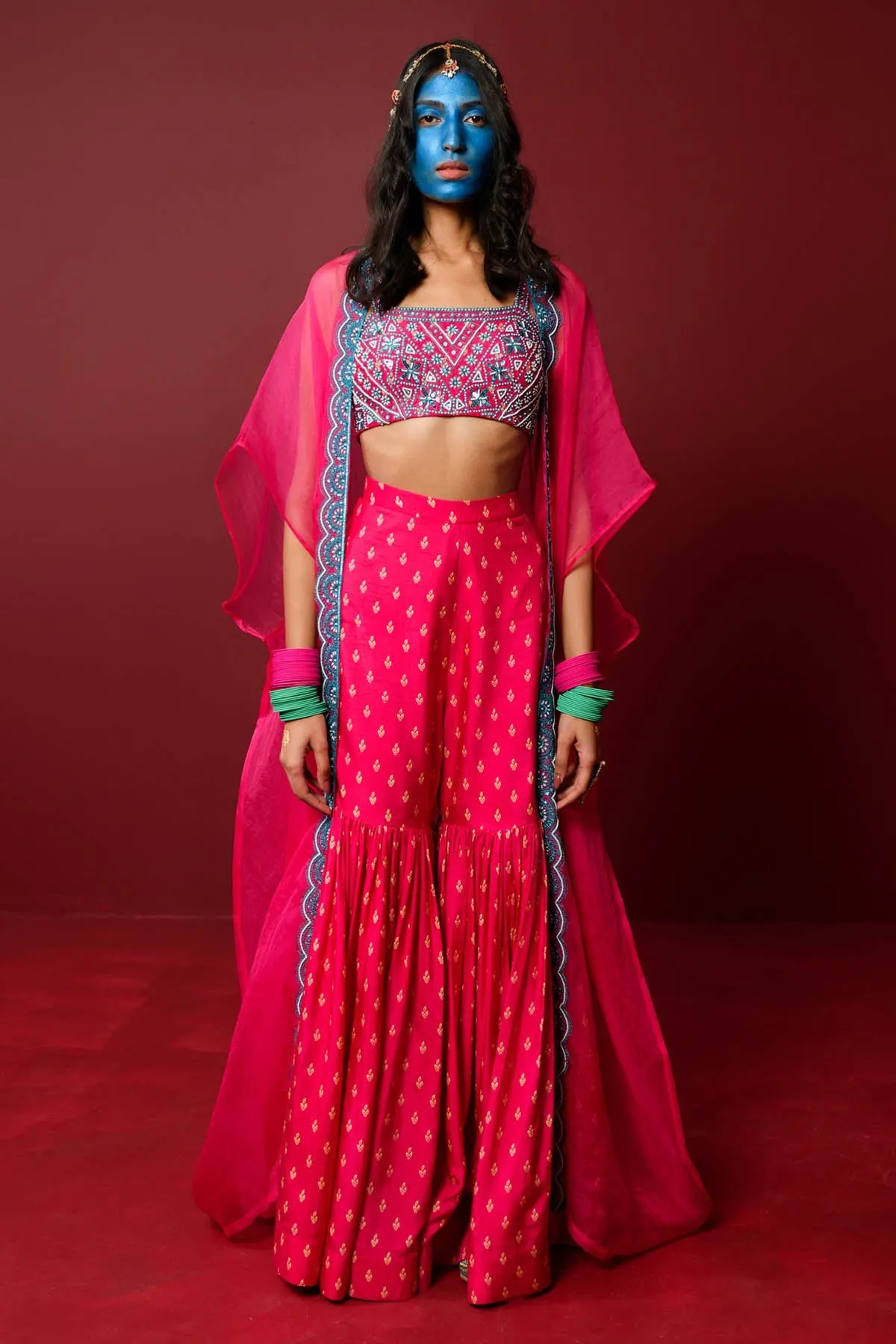 Magenta Embroidered Cape Set