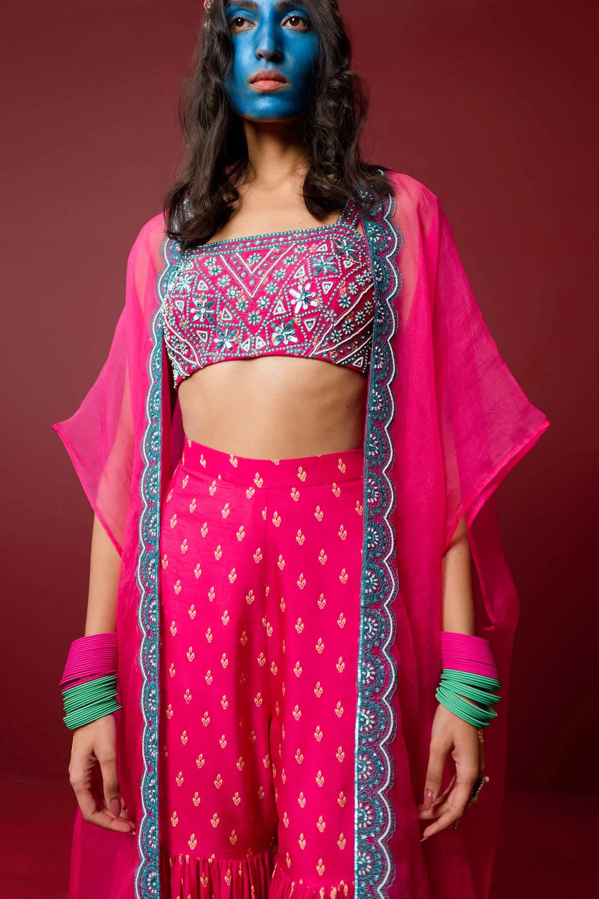 Magenta Embroidered Cape Set