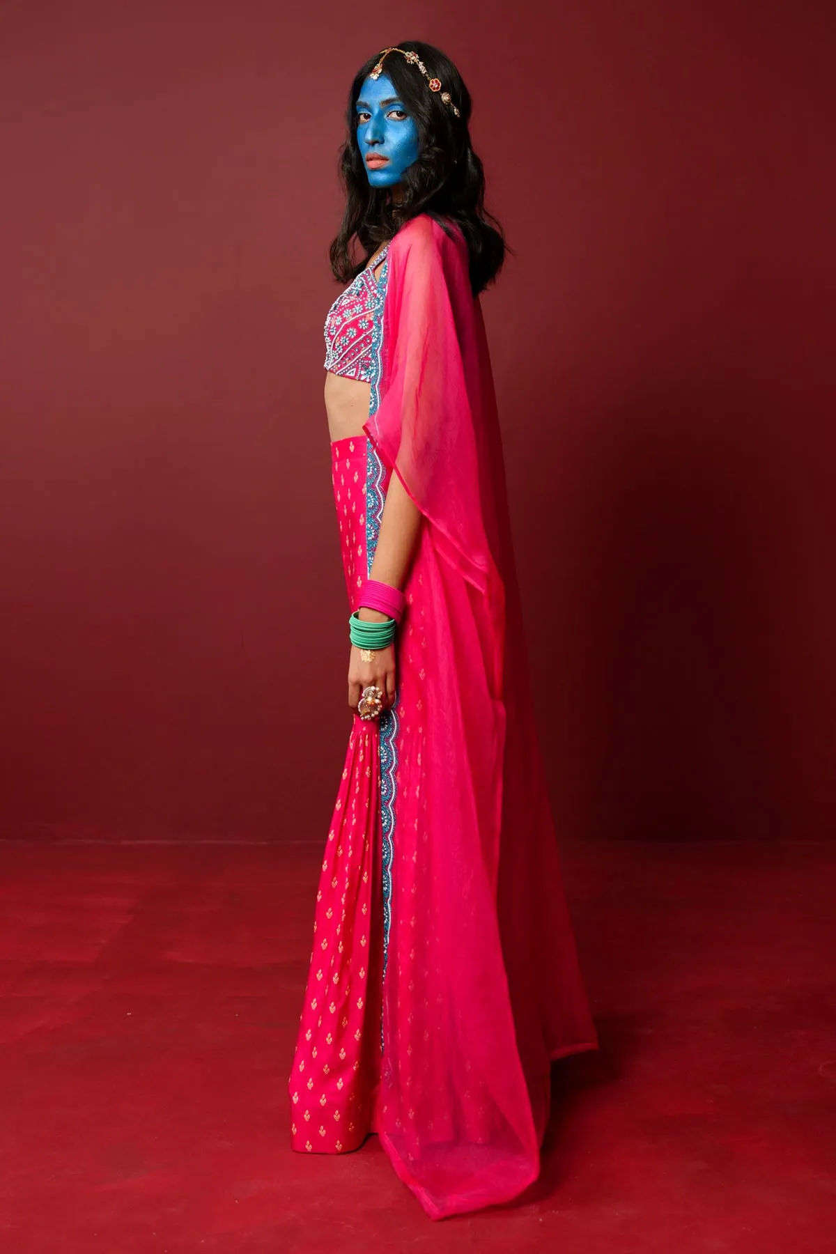 Magenta Embroidered Cape Set