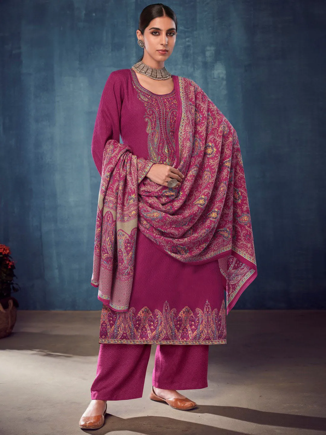 Magenta Pashmina Twill Embroidered Unstitched Winter Suits