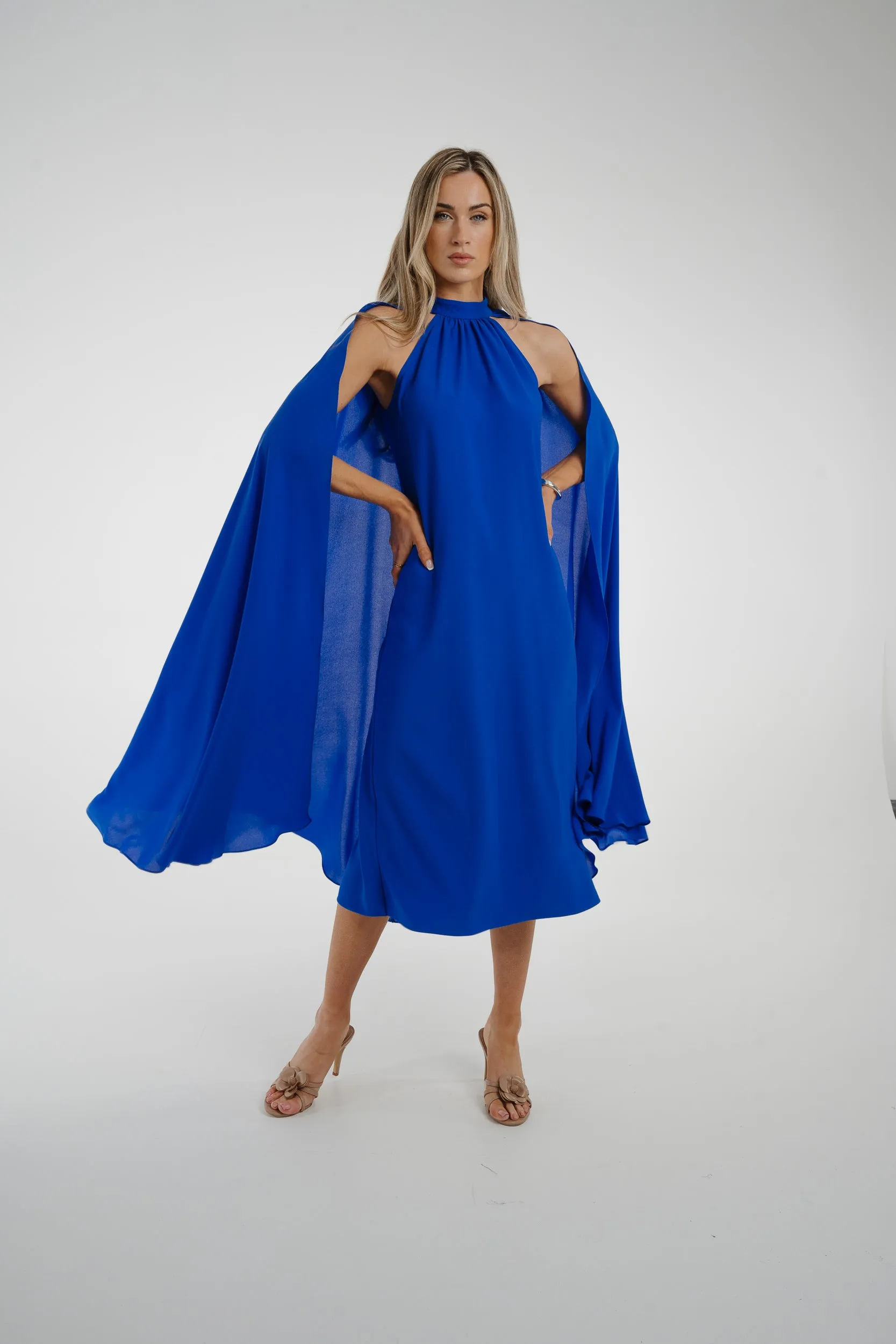 Marissa Cape Overlay Dress In Blue