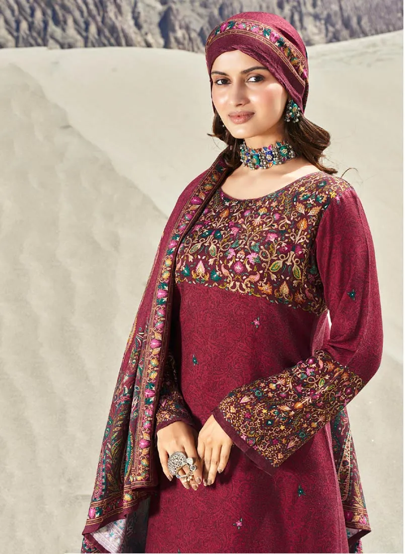 Maroon Pashmina Winter Un-Stitched Suit Dress Material for Women