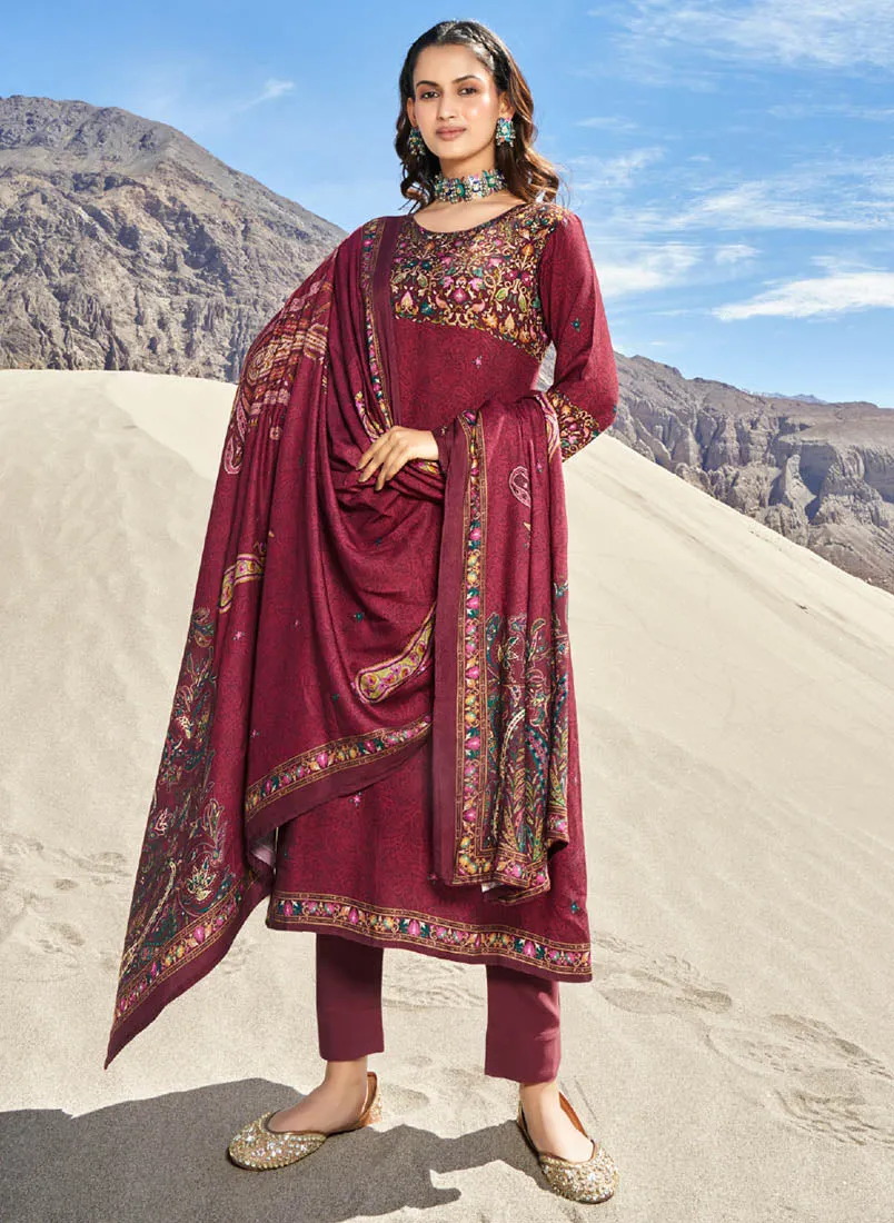 Maroon Pashmina Winter Un-Stitched Suit Dress Material for Women