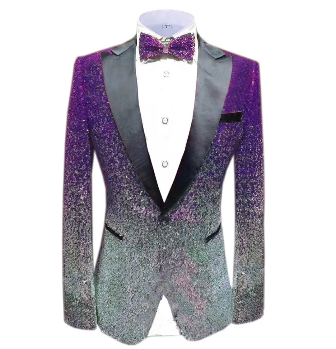 Men Fashion Gradual Change Color Sequins Tuxedos Suit Peak Lapel Blazer