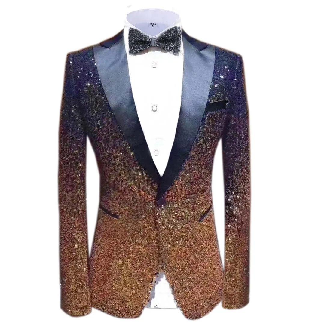 Men Fashion Gradual Change Color Sequins Tuxedos Suit Peak Lapel Blazer