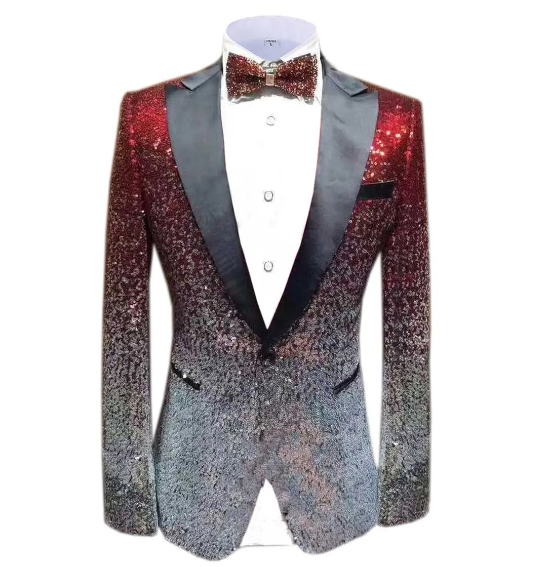 Men Fashion Gradual Change Color Sequins Tuxedos Suit Peak Lapel Blazer