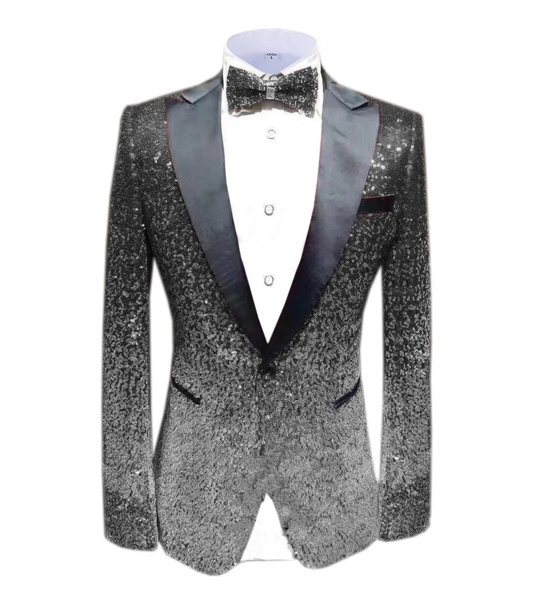 Men Fashion Gradual Change Color Sequins Tuxedos Suit Peak Lapel Blazer