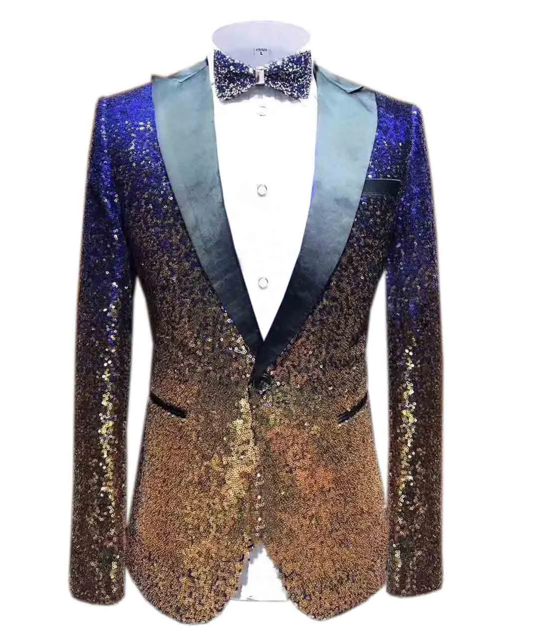 Men Fashion Gradual Change Color Sequins Tuxedos Suit Peak Lapel Blazer