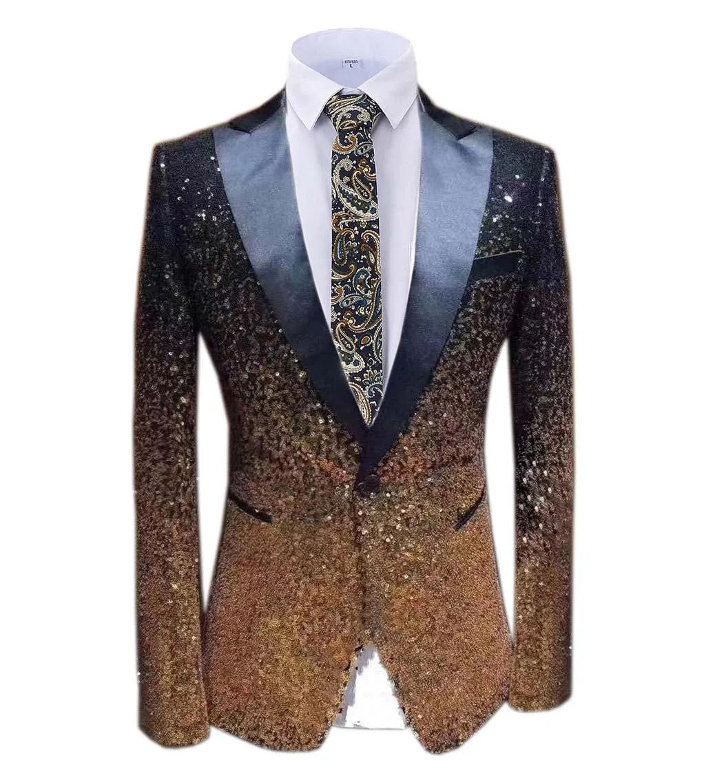 Men Fashion Gradual Change Color Sequins Tuxedos Suit Peak Lapel Blazer