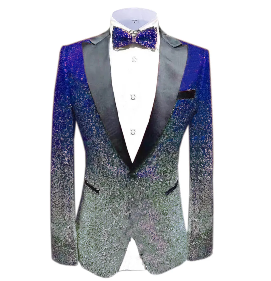 Men Fashion Gradual Change Color Sequins Tuxedos Suit Peak Lapel Blazer