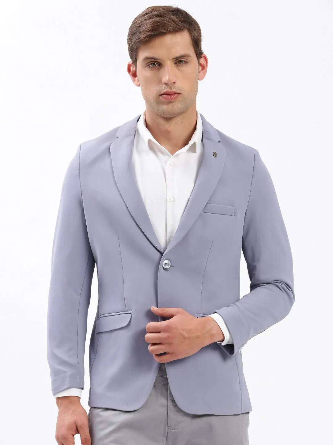 Men Notched Lapel Solid Lavender Blazer