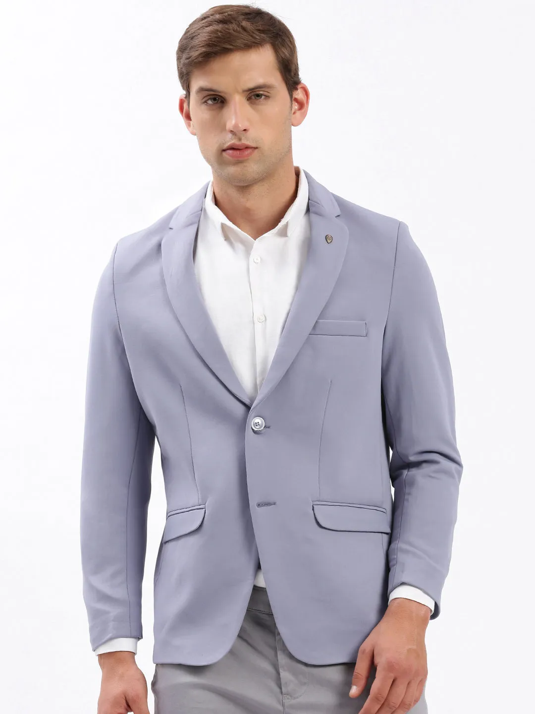 Men Notched Lapel Solid Lavender Blazer