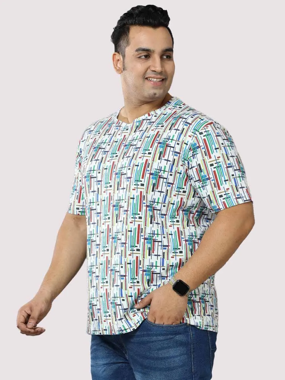 Men Plus Size Stripe Digital Printed Round Neck T-Shirt