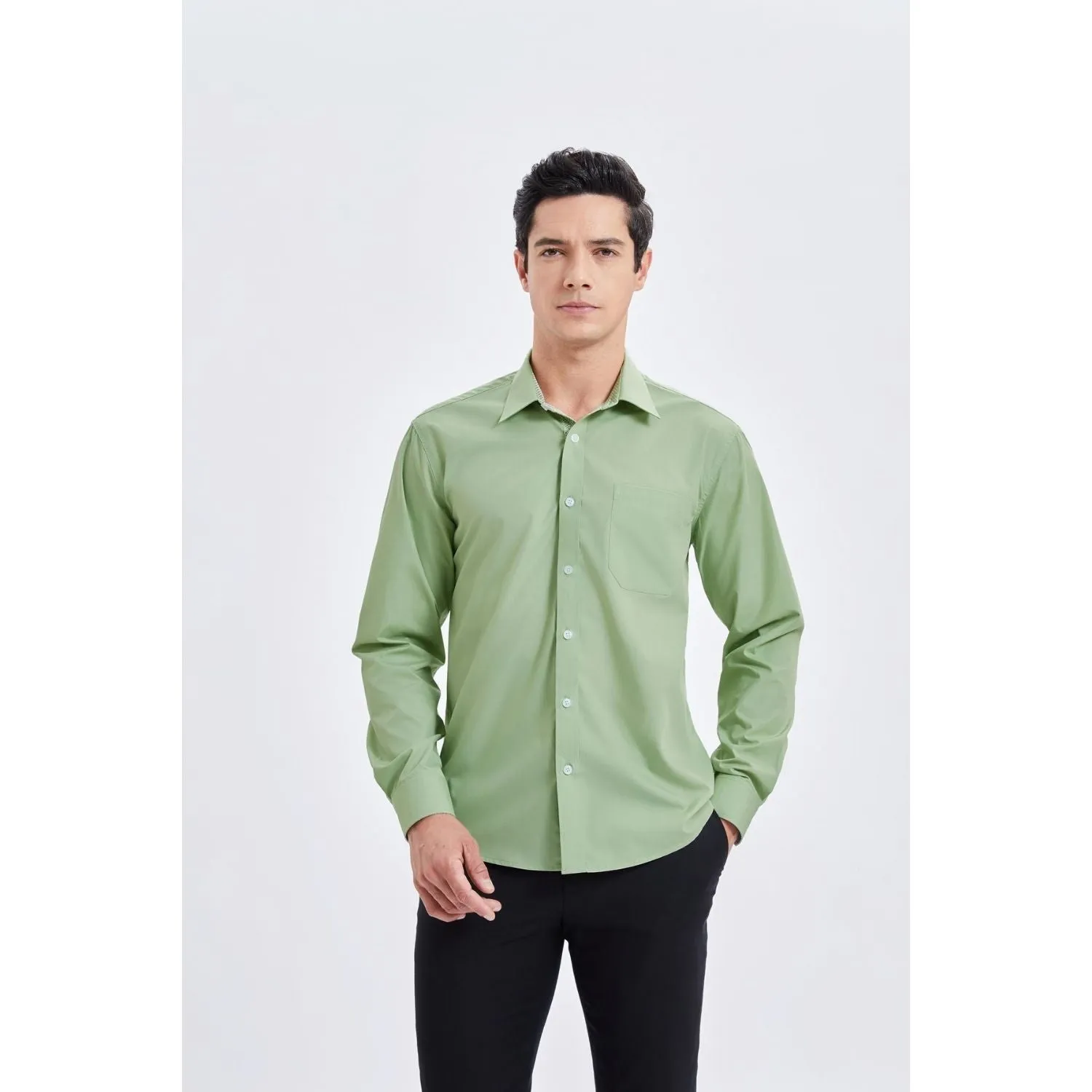 Men's Patchwork Dress Shirt with Pocket - SAGE GREEN