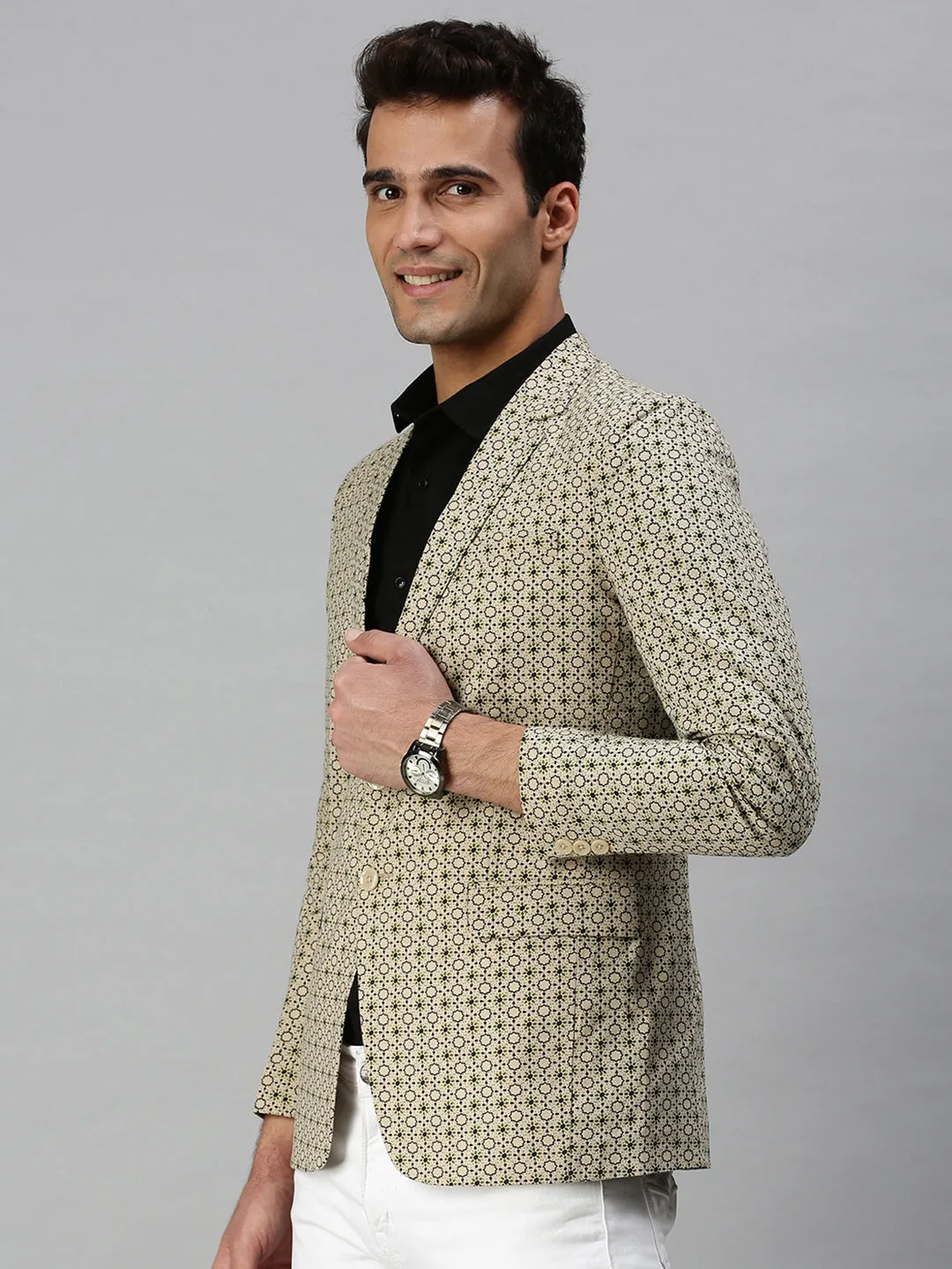 Men's Printed Beige Single Breasted Blazer