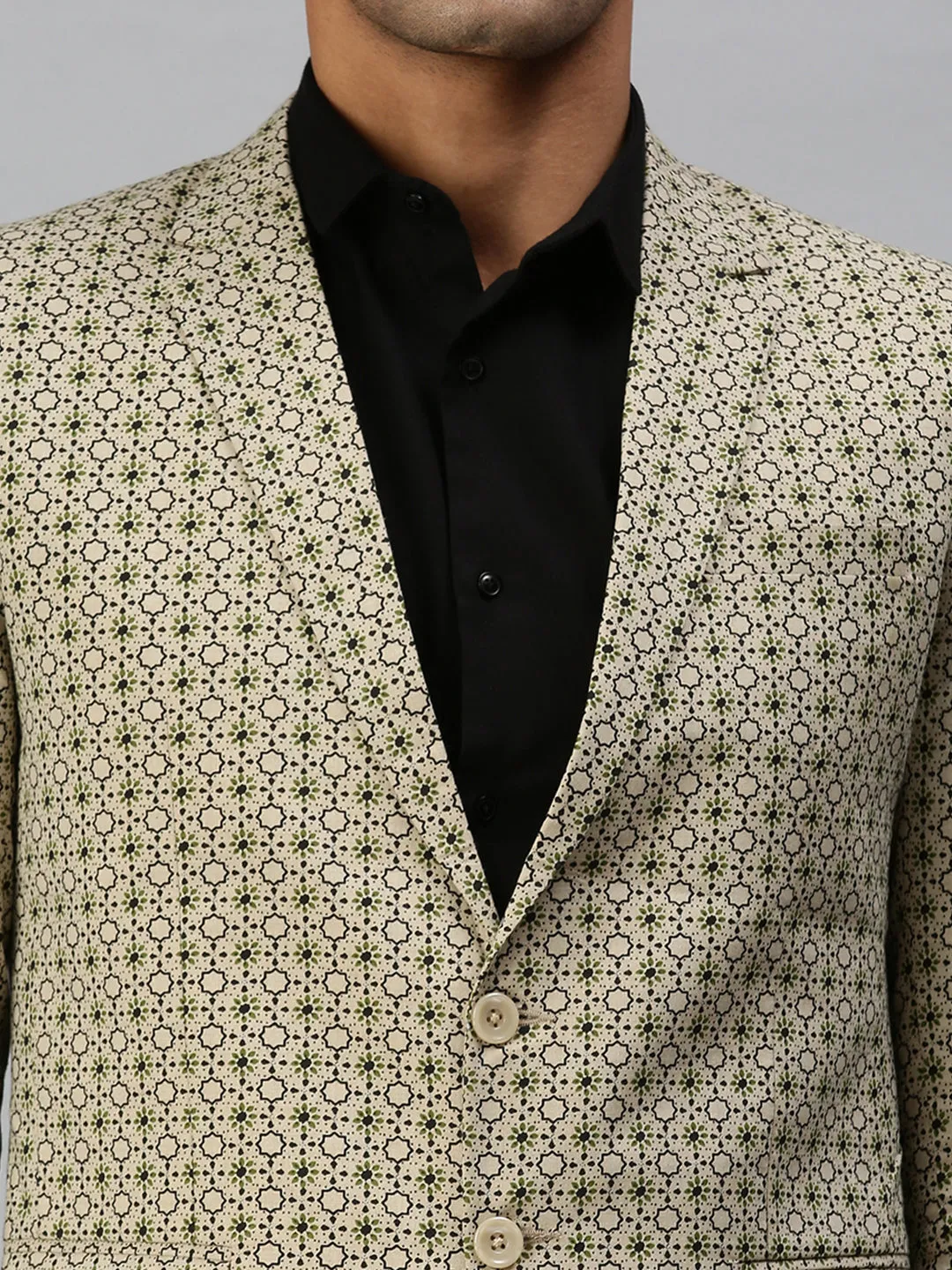 Men's Printed Beige Single Breasted Blazer