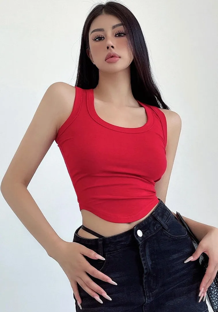 Mia Solid Color U-Neck Wide Strap Slim Sleeveless Cropped Top