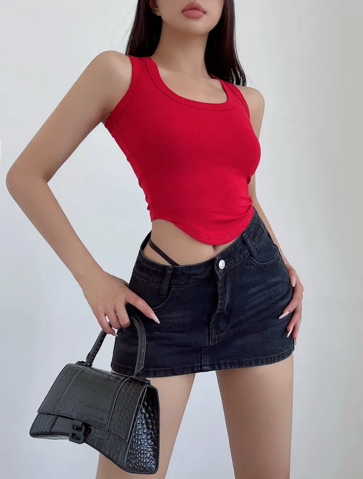 Mia Solid Color U-Neck Wide Strap Slim Sleeveless Cropped Top