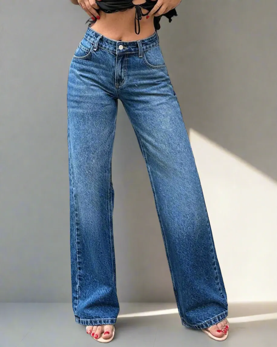 Mid Blue Overcast Wash High Waist Wide Leg Jeans