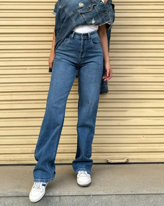 Mid Blue Overcast Wash High Waist Wide Leg Jeans