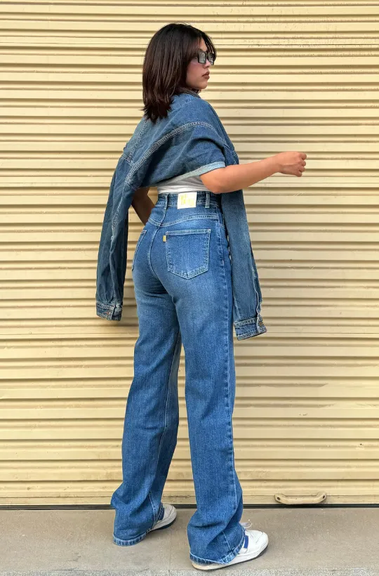 Mid Blue Overcast Wash High Waist Wide Leg Jeans