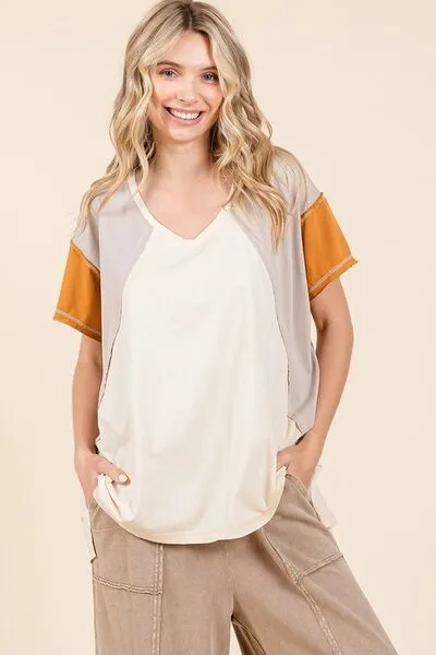 Mittoshop Color Block V-Neck Short Sleeve T-Shirt