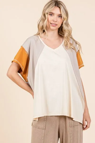 Mittoshop Color Block V-Neck Short Sleeve T-Shirt