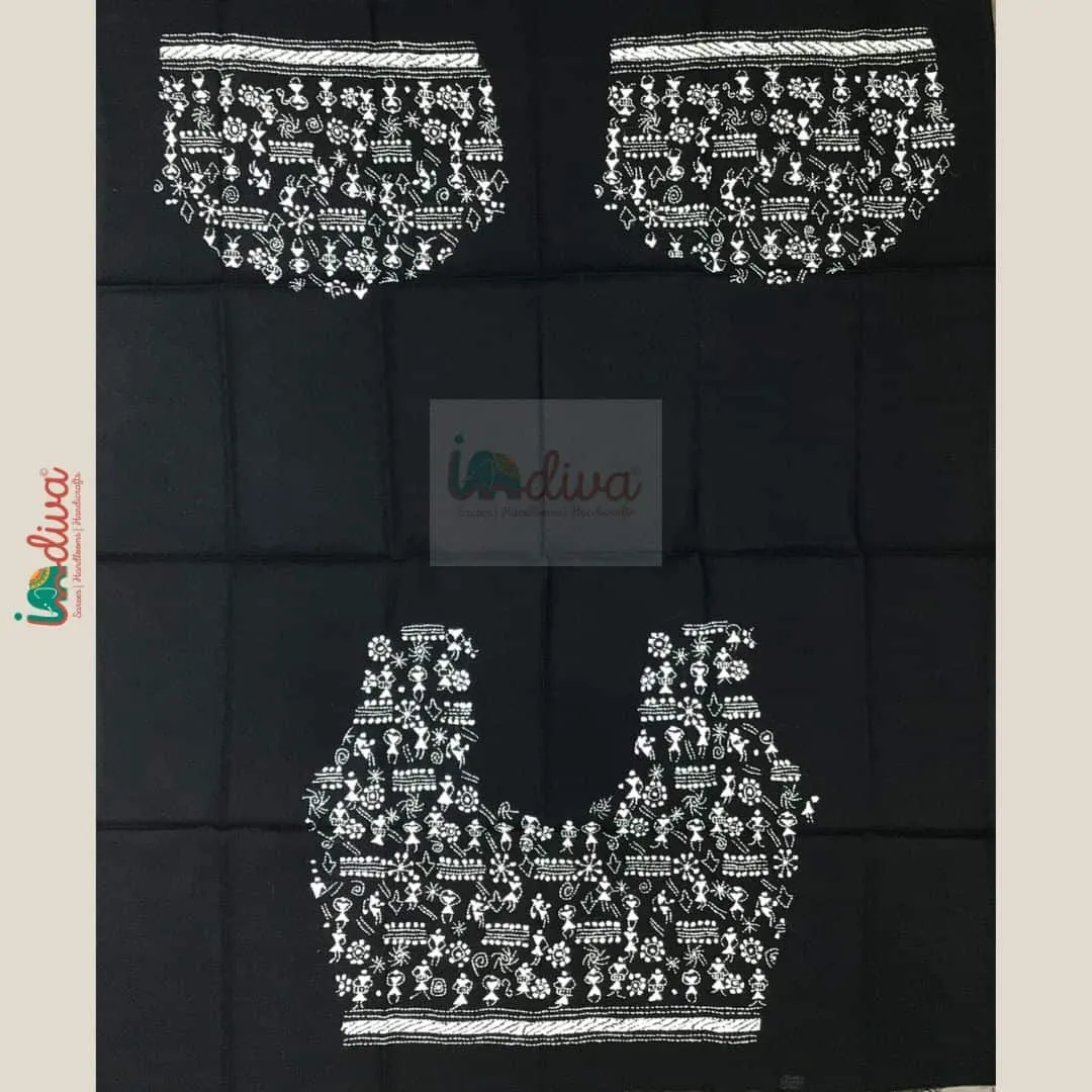 Monochrome Kantha Blouse Fabric With Worli Motifs