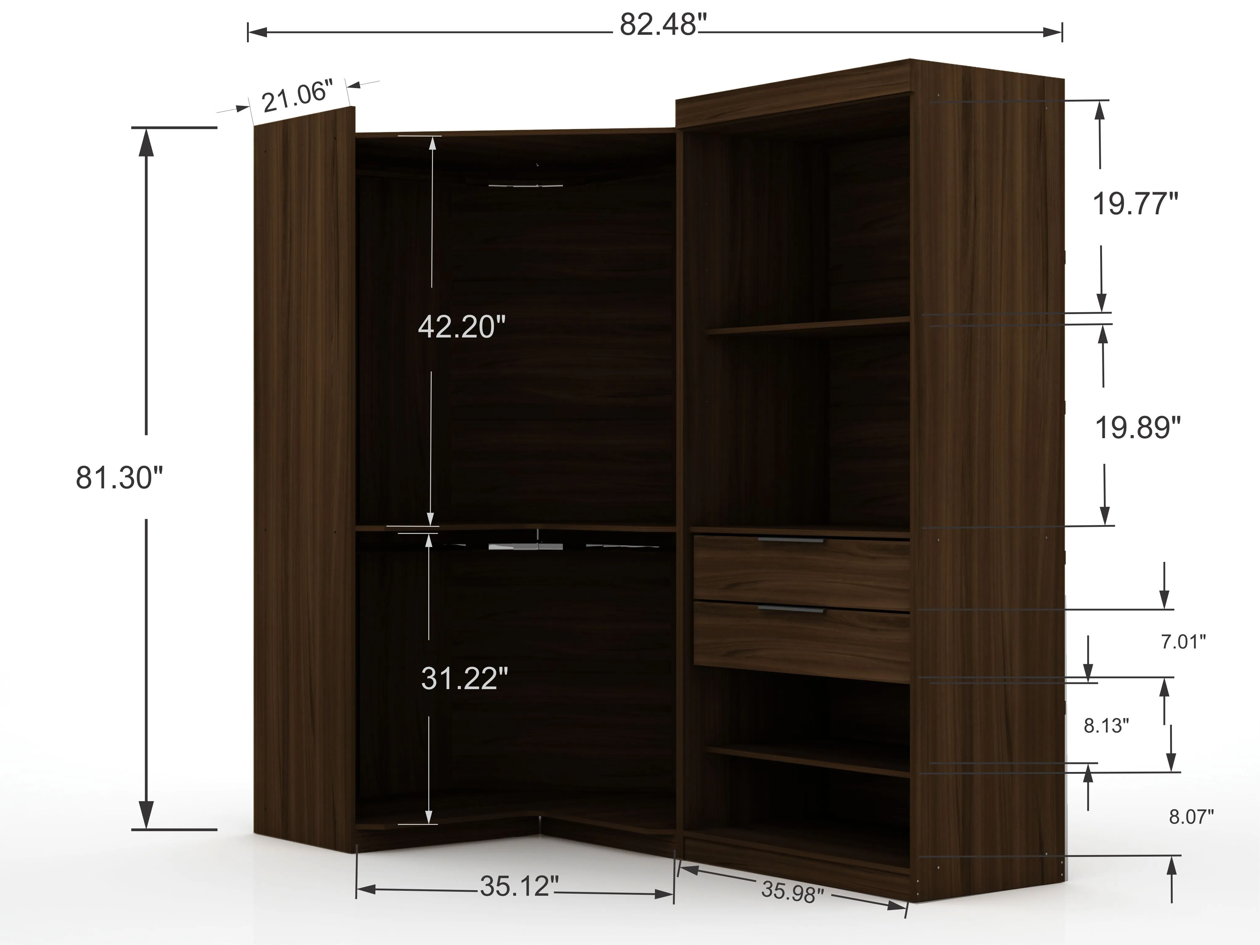 Mulberry 3.0 Sectional Modern Corner Wardrobe Closet with 2 Drawers - Set of 2 in Brown