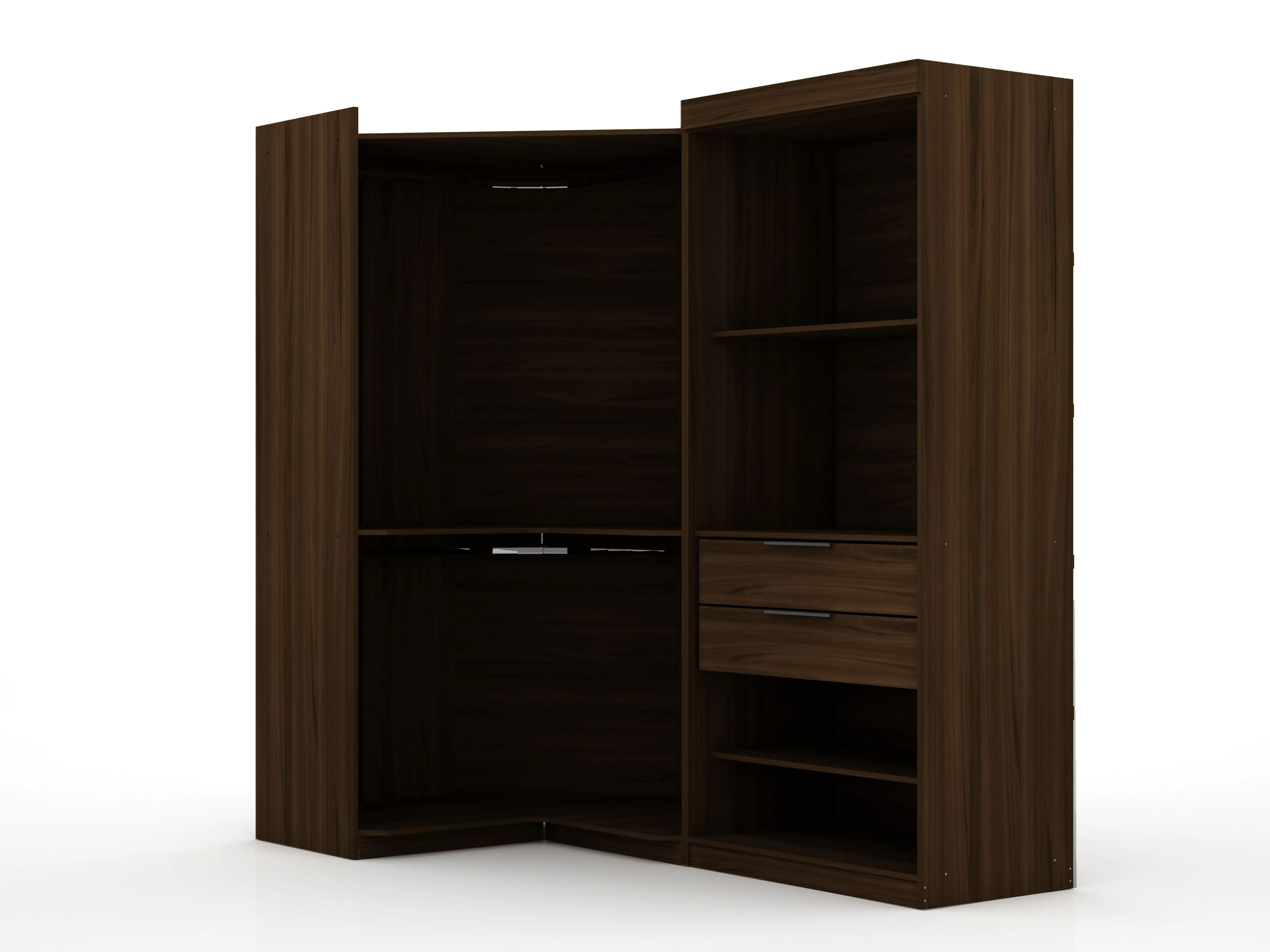 Mulberry Open 2 Sectional Modern Corner Wardrobe Closet with 2 Drawers- Set of 2 in Brown