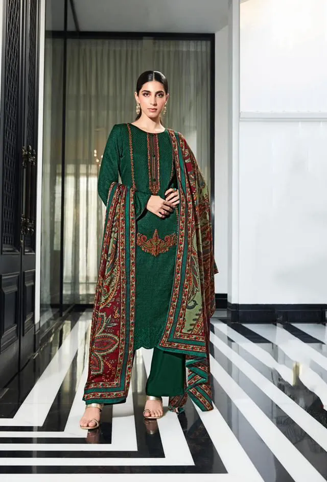 Mumtaz Arts Pashmina Green Winter Unstitched Suits for Ladies