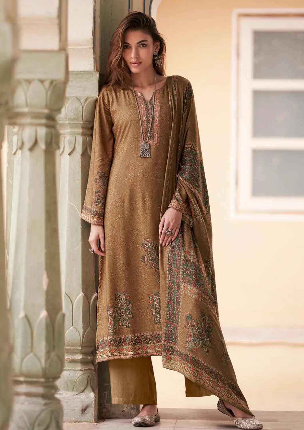 Mumtaz Arts Pure Pashmina Brown Winter Suits Dress Material for Women