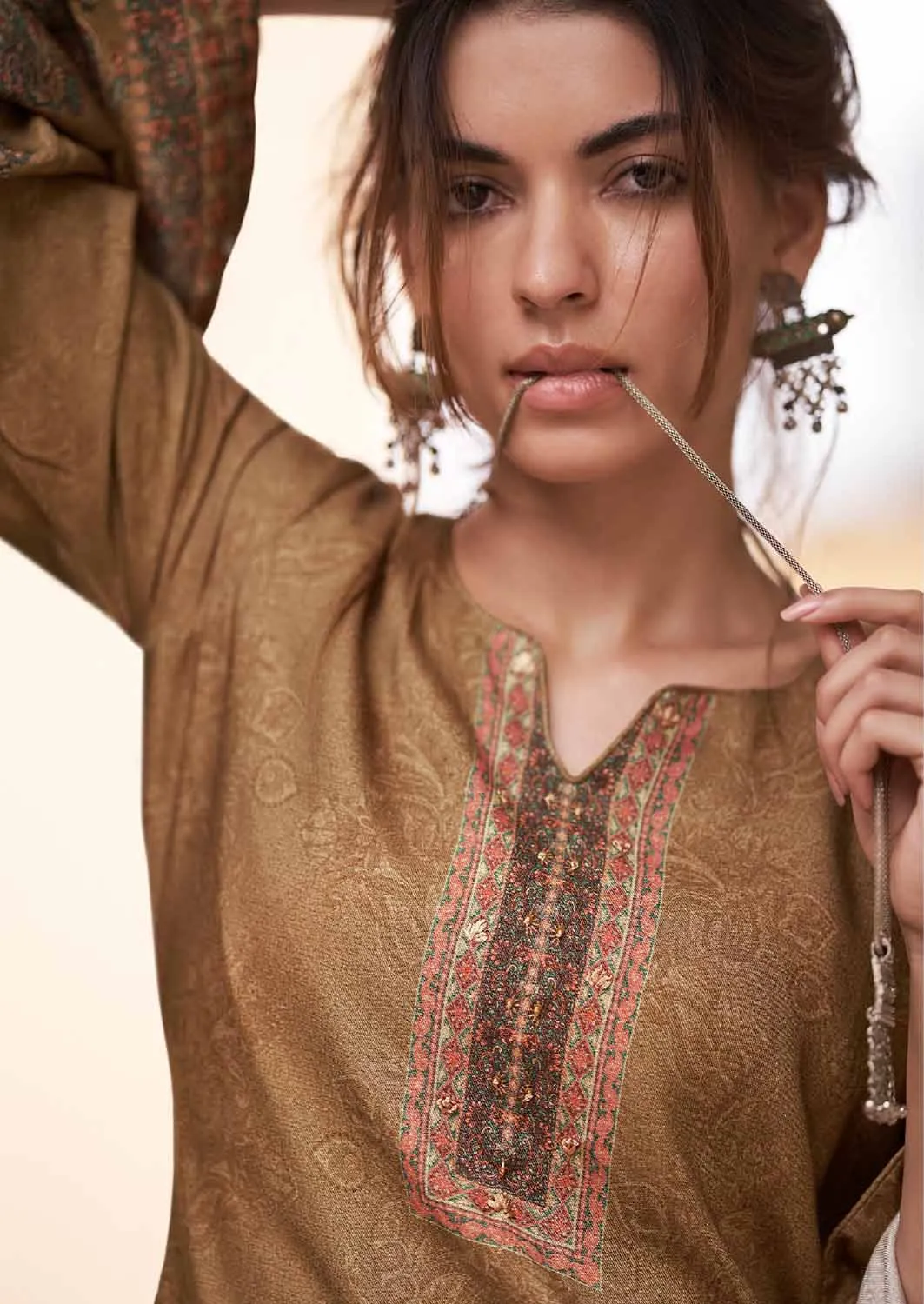 Mumtaz Arts Pure Pashmina Brown Winter Suits Dress Material for Women