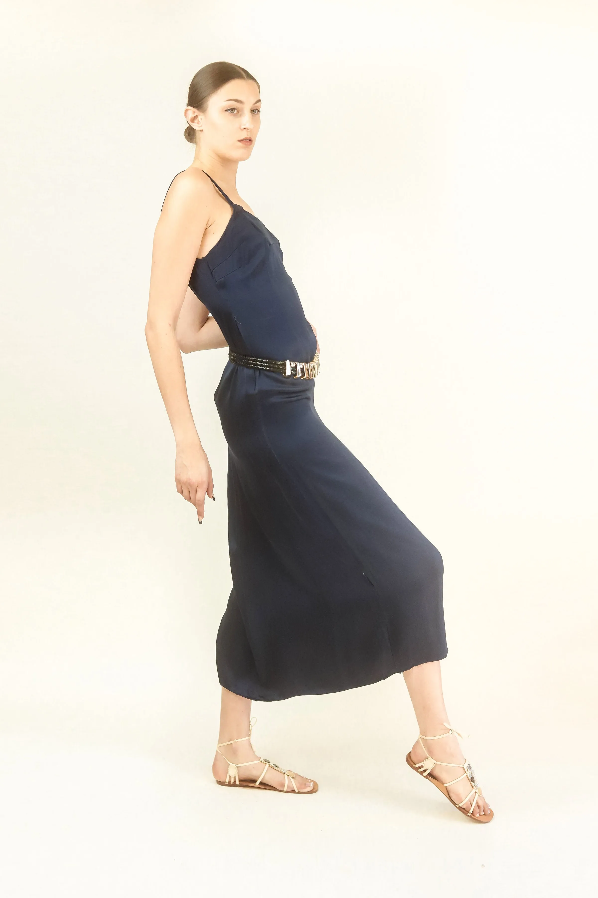 Navy Satin Slip Dress